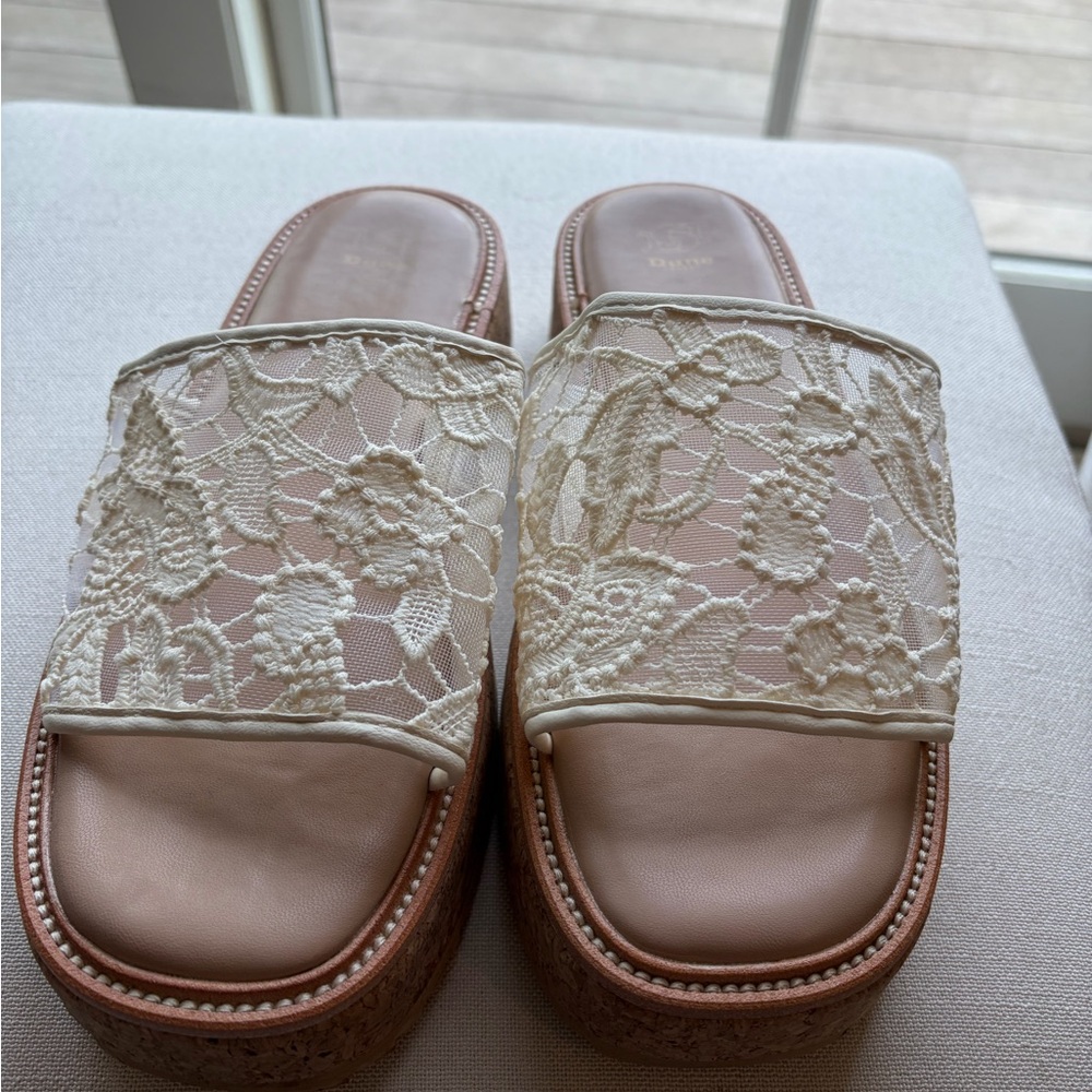 Dune London Cream Lace Platform Slide Mules